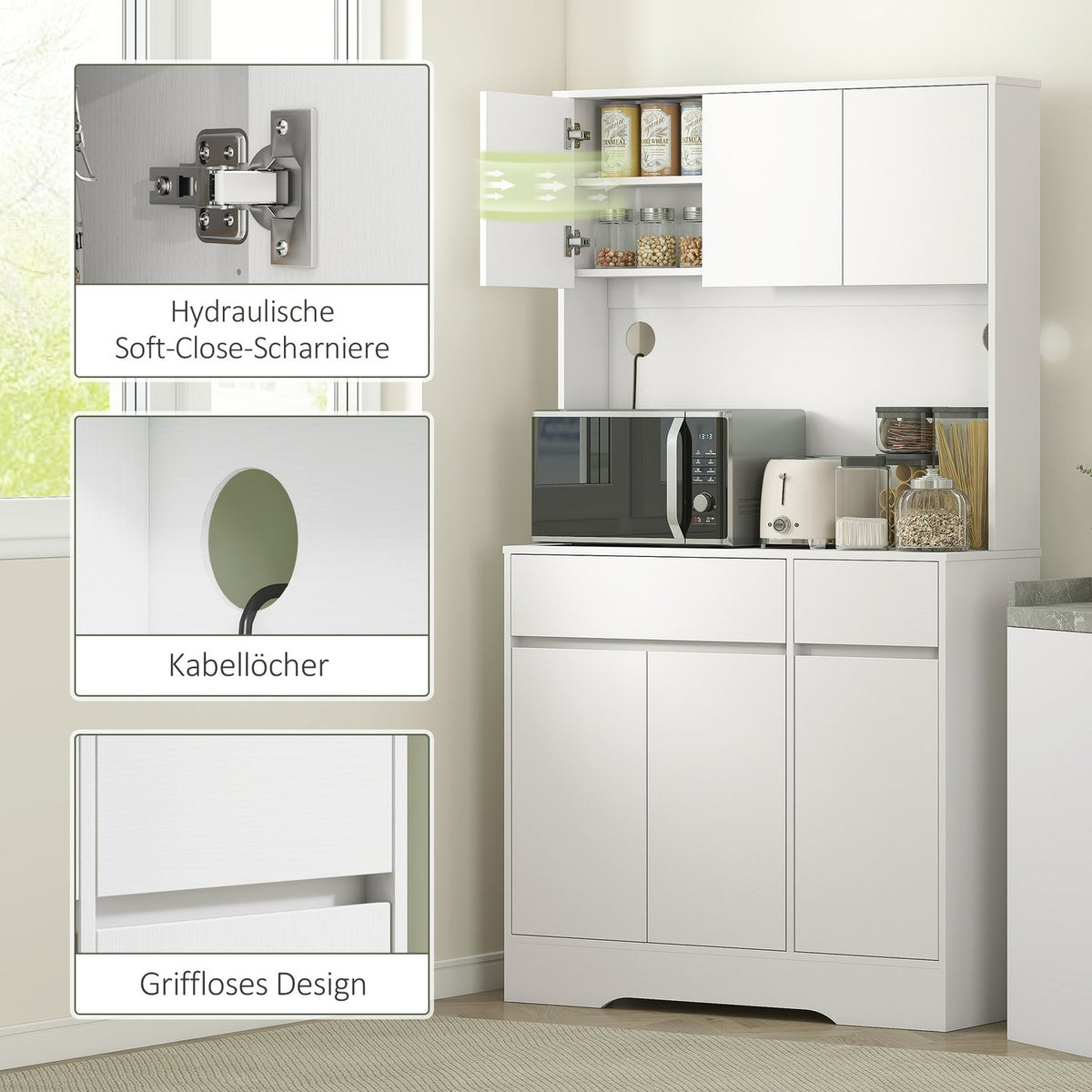 Kitchen cabinet with open work surface, 6 doors, 2 drawers, adjustable shelves, cable holes, chipboard, white