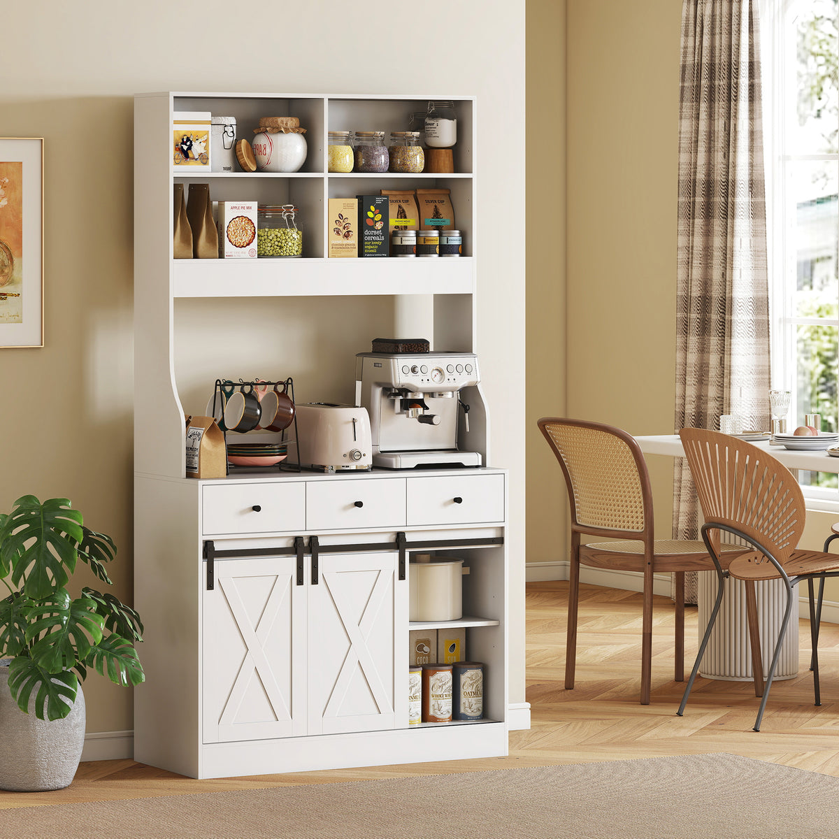 Kitchen cabinet with shelves, cupboards, drawers and storage space, farmhouse flair, adjustable shelves, wood, white