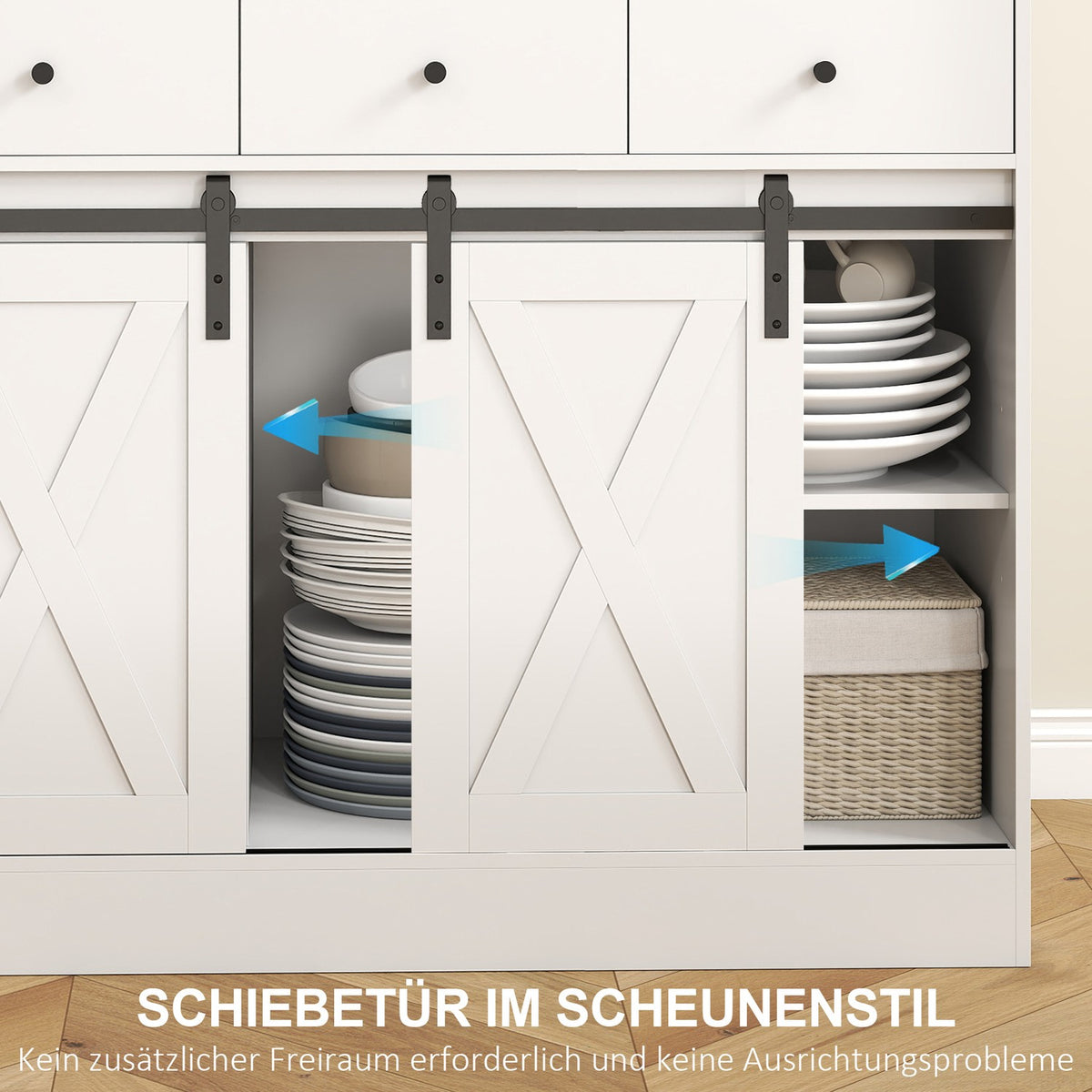 Kitchen cabinet with shelves, cupboards, drawers and storage space, farmhouse flair, adjustable shelves, wood, white