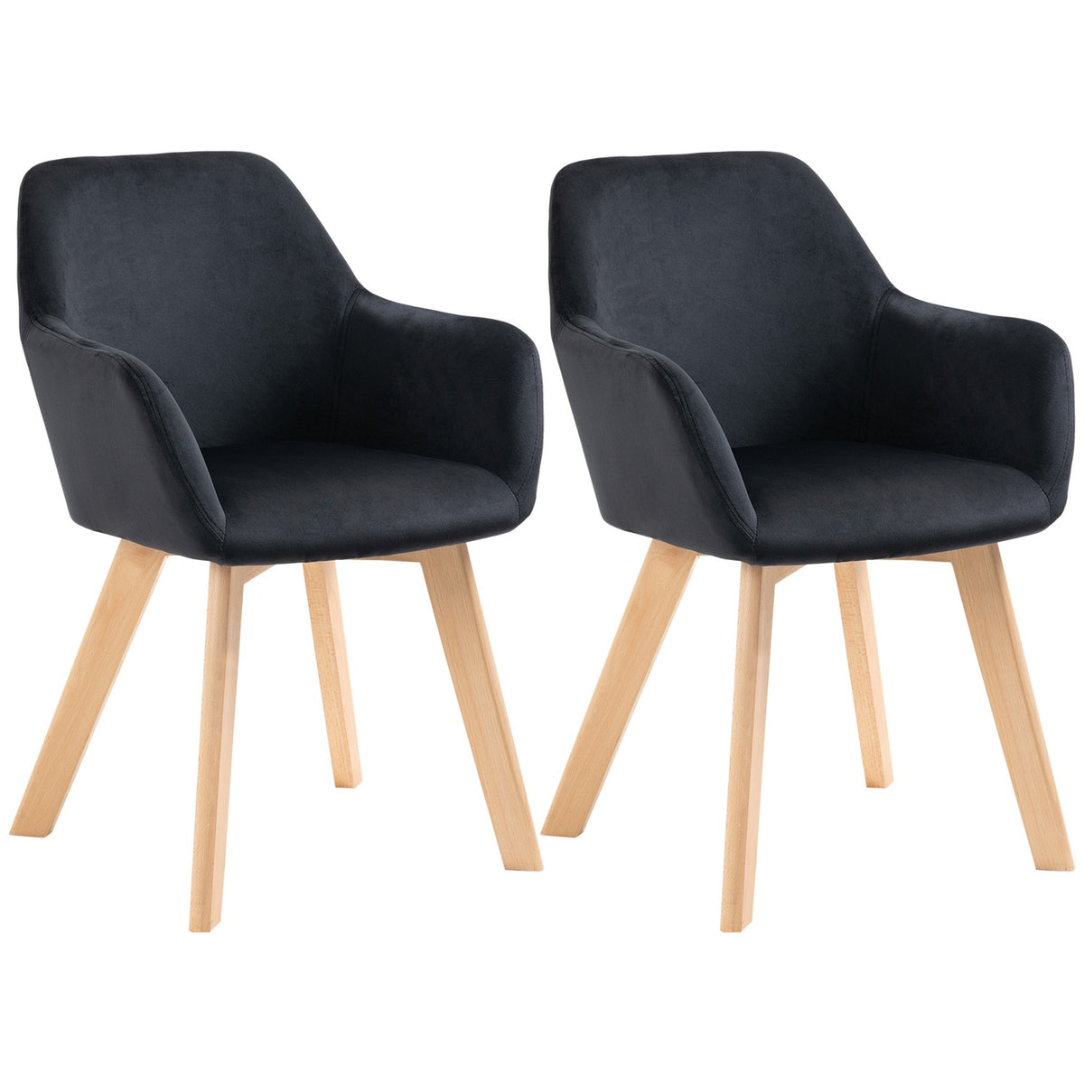 Kitchen chairs set of 2, load capacity 120 kg, ergonomic, with extended armrest, backrest, polyester, wood, 54x57x80 cm, black