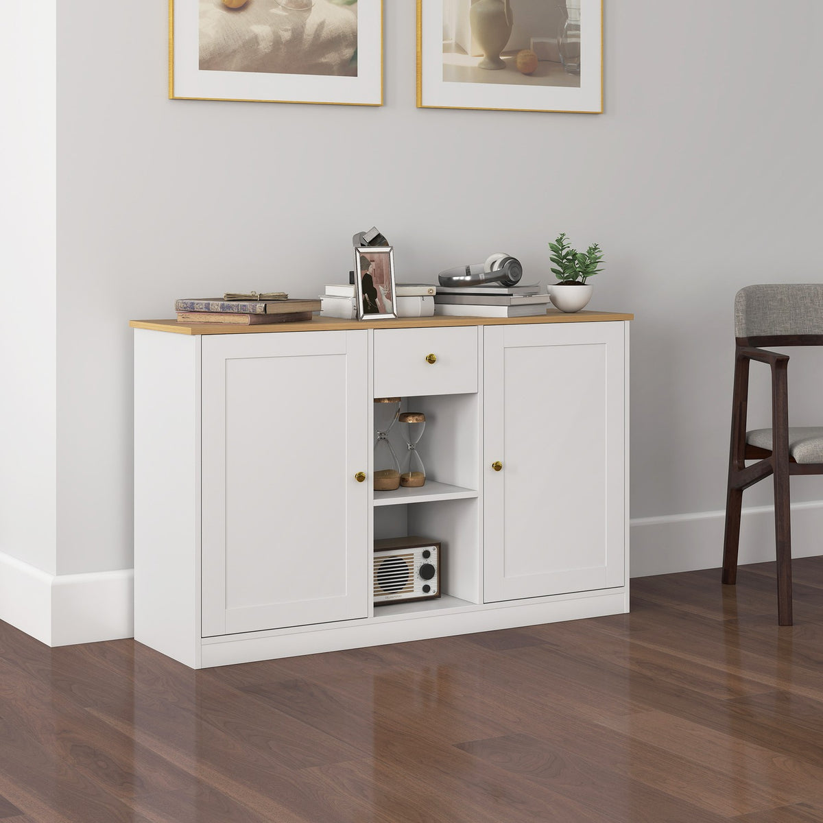 Kitchen chest of drawers, sideboard with drawer, cupboards, shelves, chipboard, white