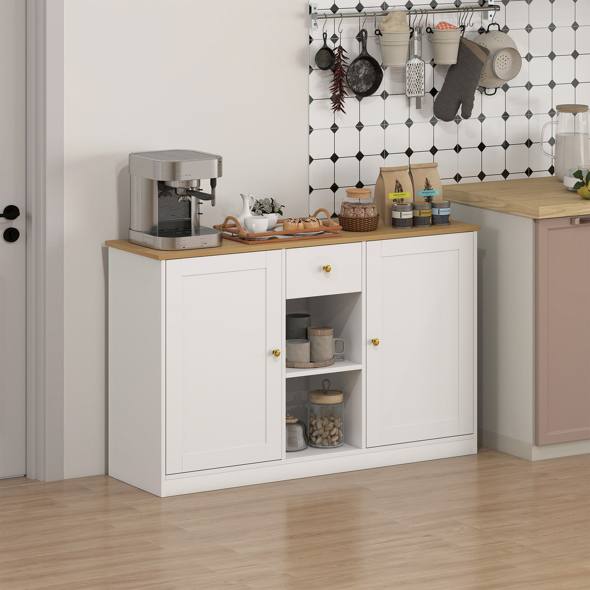 Kitchen chest of drawers, sideboard with drawer, cupboards, shelves, chipboard, white