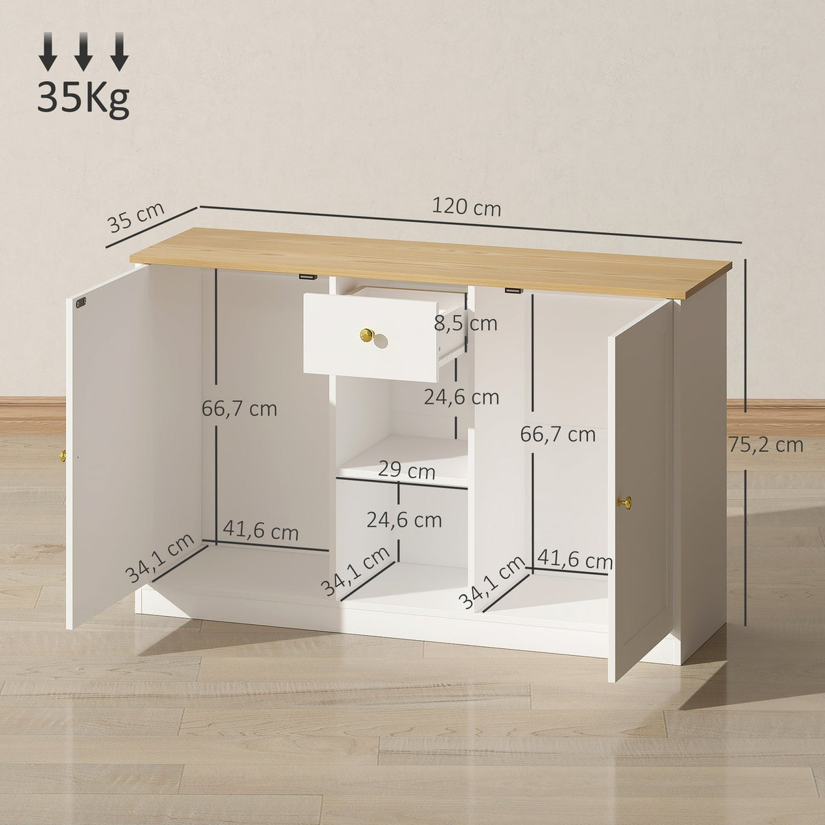Kitchen chest of drawers, sideboard with drawer, cupboards, shelves, chipboard, white