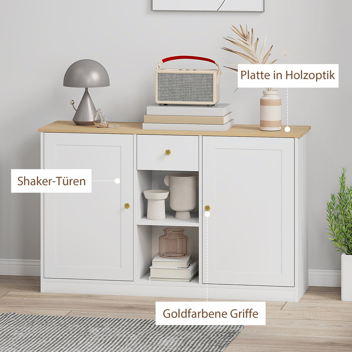 Kitchen chest of drawers, sideboard with drawer, cupboards, shelves, chipboard, white