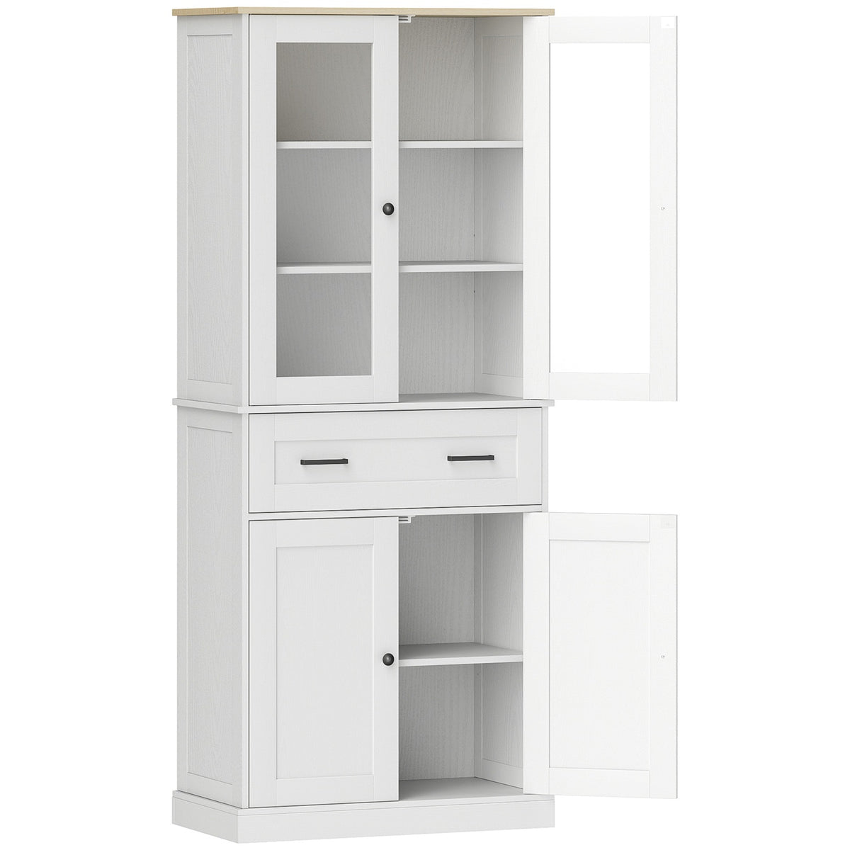 Kitchen cupboard, tall cupboard with drawer, adjustable shelves, kitchen buffet with acrylic doors, 2 cupboard compartments for living room, dining room, 76 x 40 x 182.5 cm, cream white