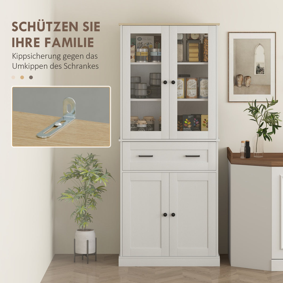 Kitchen cupboard, tall cupboard with drawer, adjustable shelves, kitchen buffet with acrylic doors, 2 cupboard compartments for living room, dining room, 76 x 40 x 182.5 cm, cream white