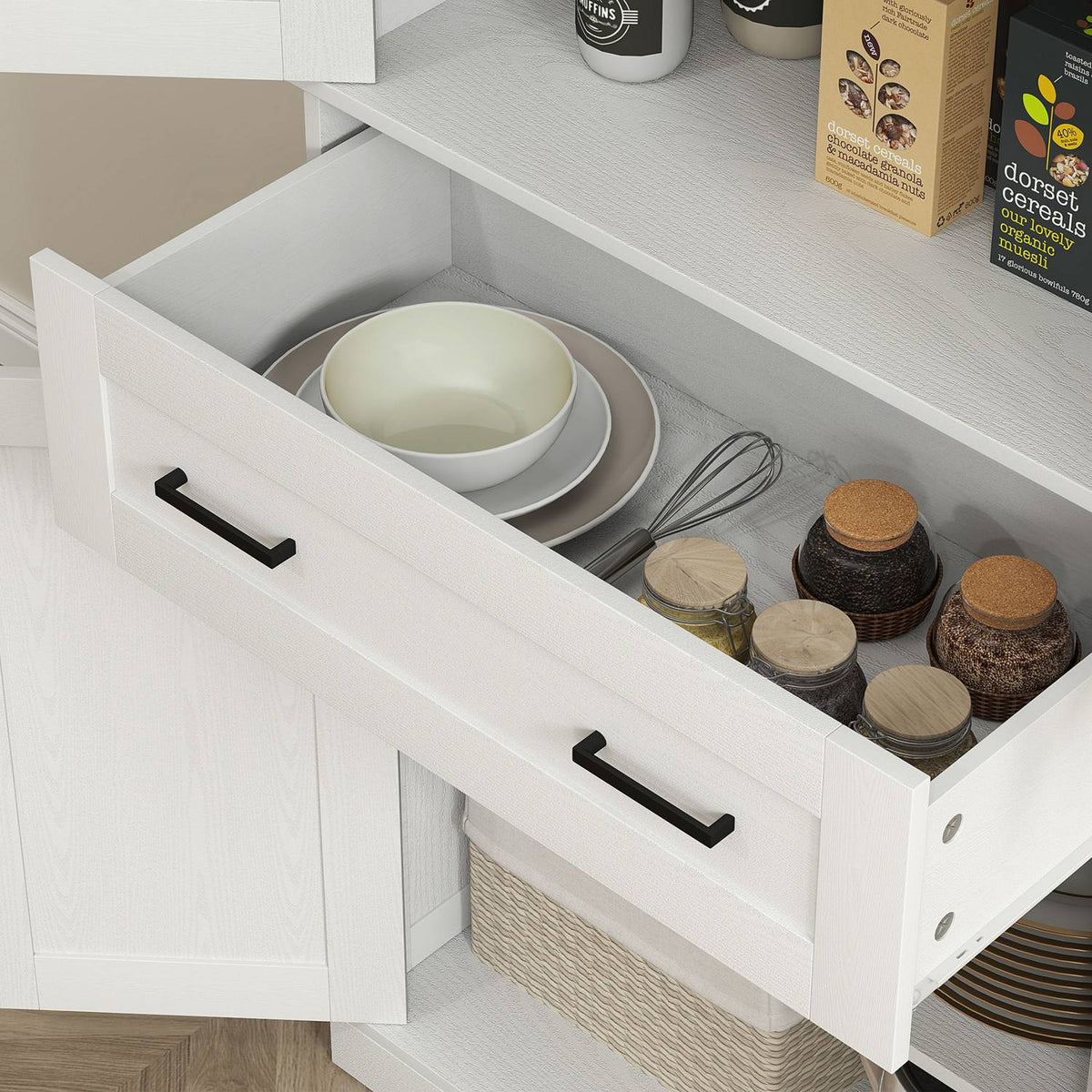 Kitchen cupboard, tall cupboard with drawer, adjustable shelves, kitchen buffet with acrylic doors, 2 cupboard compartments for living room, dining room, 76 x 40 x 182.5 cm, cream white