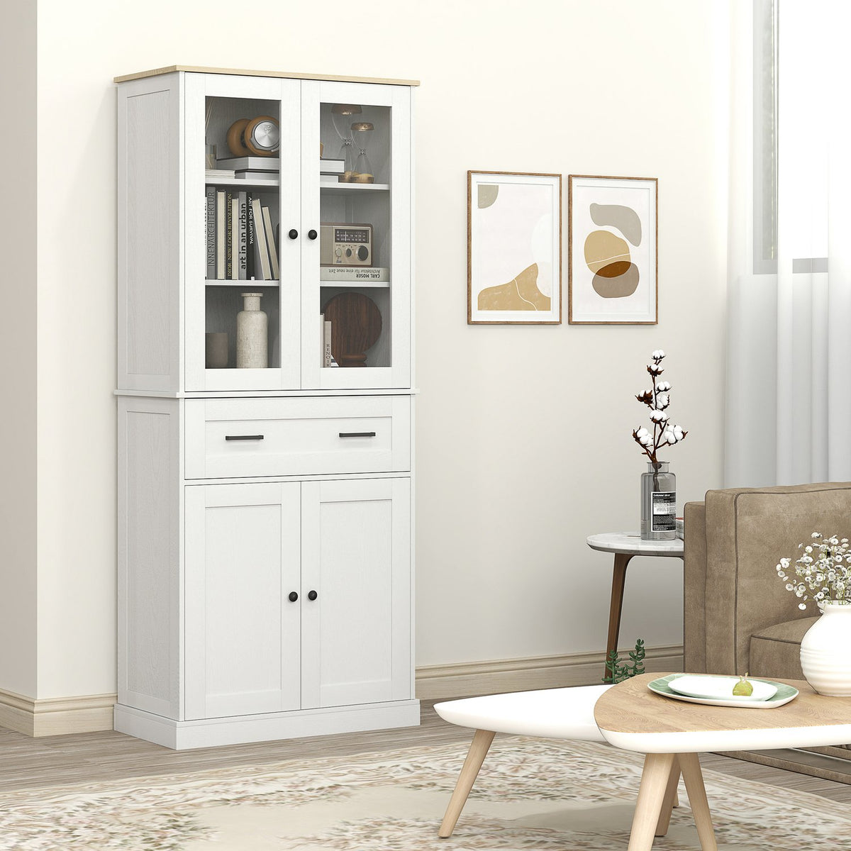 Kitchen cupboard, tall cupboard with drawer, adjustable shelves, kitchen buffet with acrylic doors, 2 cupboard compartments for living room, dining room, 76 x 40 x 182.5 cm, cream white