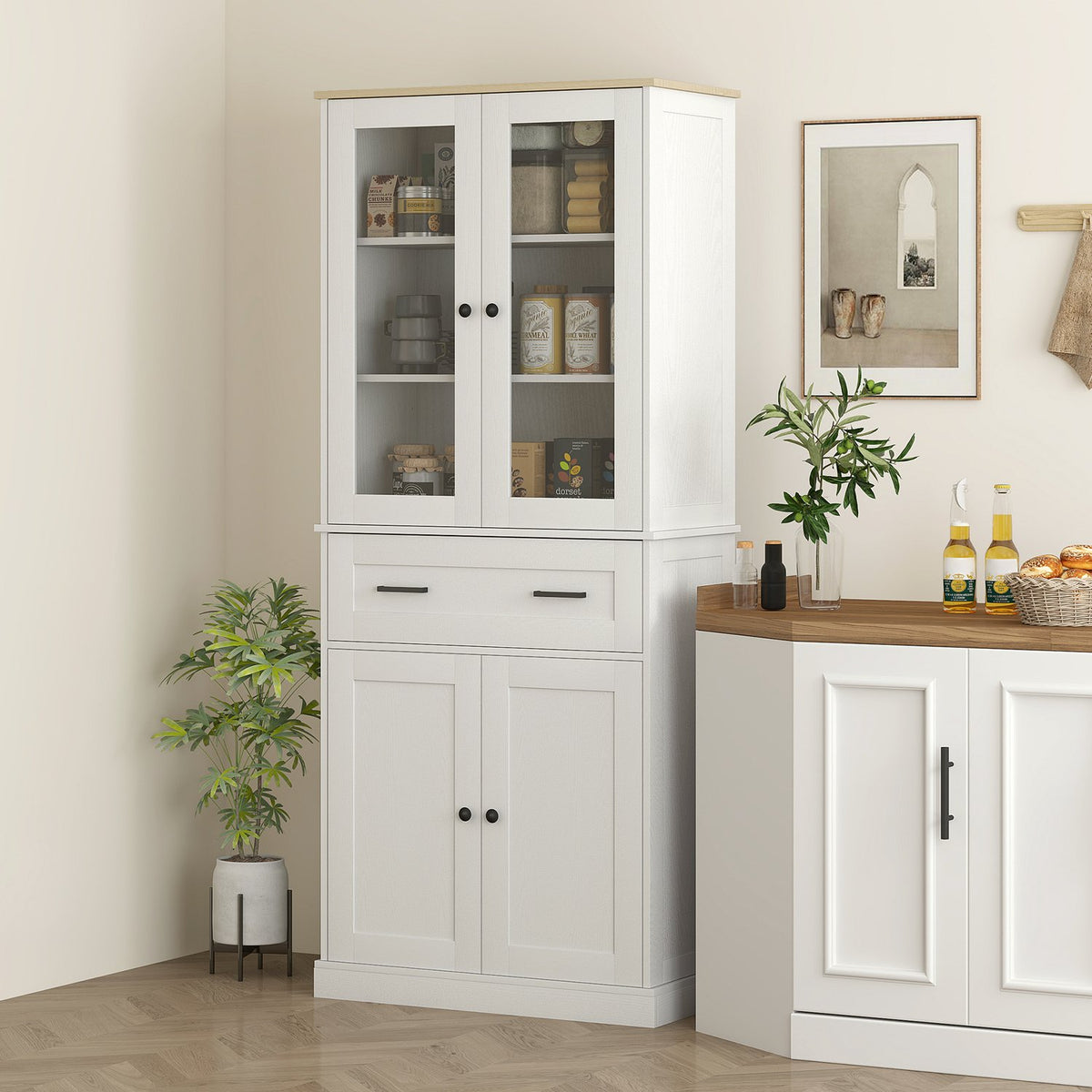 Kitchen cupboard, tall cupboard with drawer, adjustable shelves, kitchen buffet with acrylic doors, 2 cupboard compartments for living room, dining room, 76 x 40 x 182.5 cm, cream white