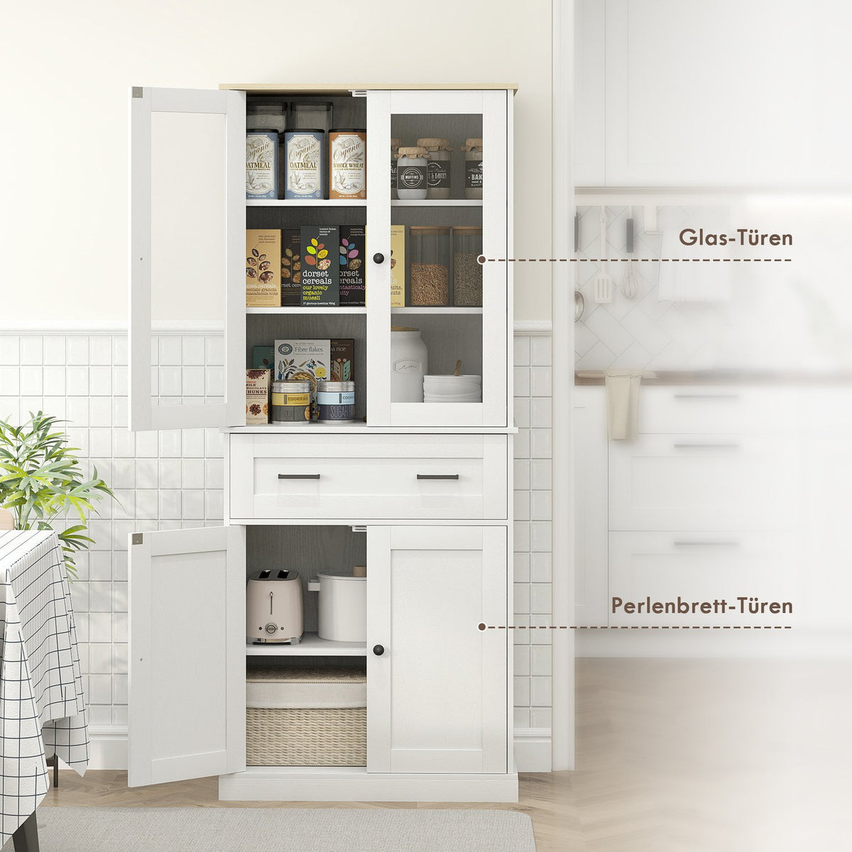 Kitchen cupboard, tall cupboard with drawer, adjustable shelves, kitchen buffet with acrylic doors, 2 cupboard compartments for living room, dining room, 76 x 40 x 182.5 cm, cream white