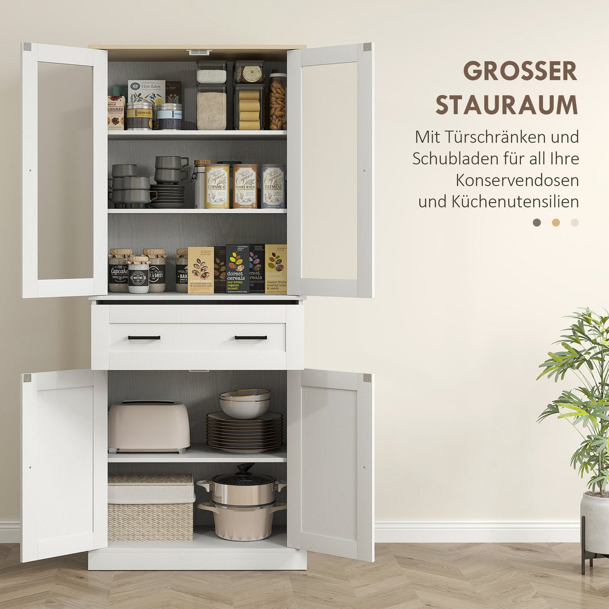 Kitchen cupboard, tall cupboard with drawer, adjustable shelves, kitchen buffet with acrylic doors, 2 cupboard compartments for living room, dining room, 76 x 40 x 182.5 cm, cream white