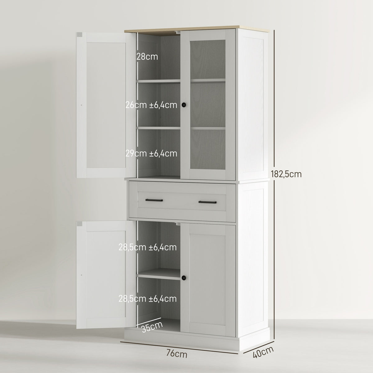 Kitchen cupboard, tall cupboard with drawer, adjustable shelves, kitchen buffet with acrylic doors, 2 cupboard compartments for living room, dining room, 76 x 40 x 182.5 cm, cream white