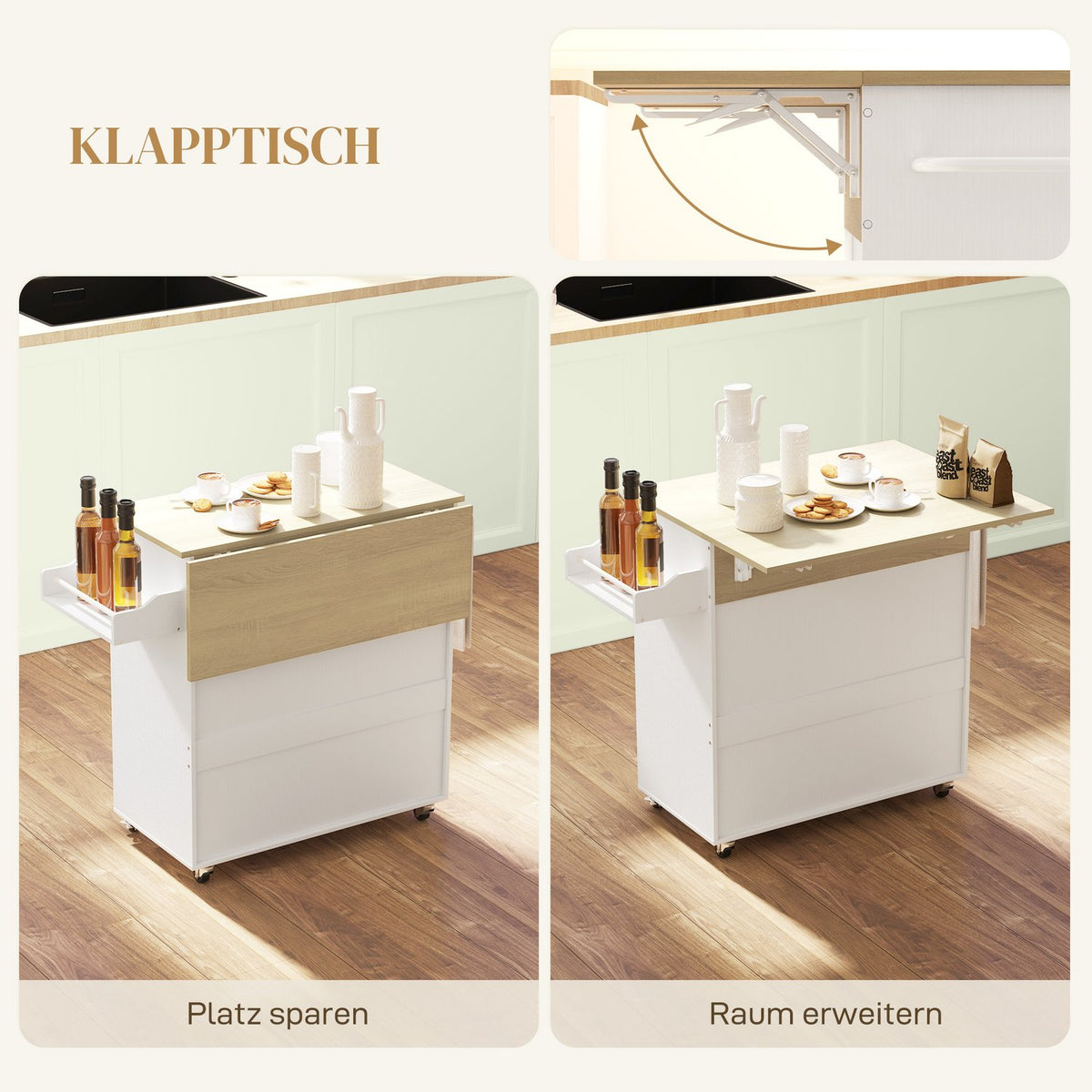 Kitchen island kitchen trolley on wheels with folding worktop, drawer, kitchen cabinet rollable with shelf, towel rail, spice rack, serving trolley white