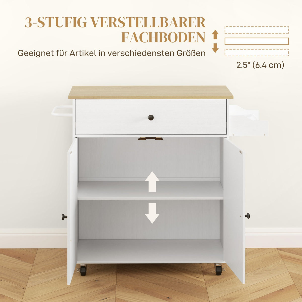 Kitchen island kitchen trolley on wheels with folding worktop, drawer, kitchen cabinet rollable with shelf, towel rail, spice rack, serving trolley white