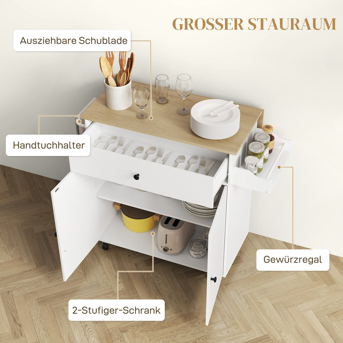 Kitchen island kitchen trolley on wheels with folding worktop, drawer, kitchen cabinet rollable with shelf, towel rail, spice rack, serving trolley white