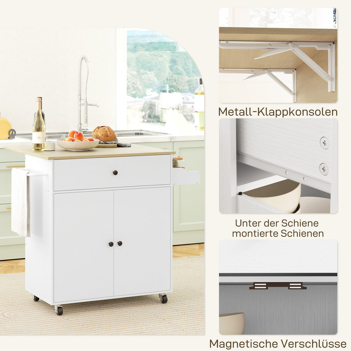 Kitchen island kitchen trolley on wheels with folding worktop, drawer, kitchen cabinet rollable with shelf, towel rail, spice rack, serving trolley white