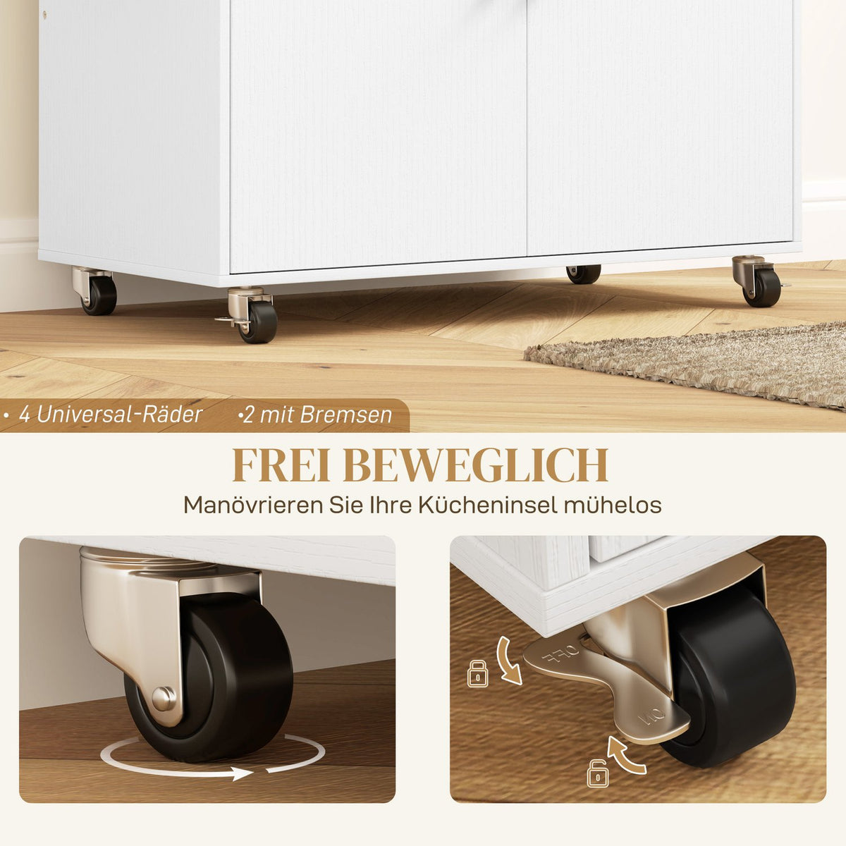 Kitchen island kitchen trolley on wheels with folding worktop, drawer, kitchen cabinet rollable with shelf, towel rail, spice rack, serving trolley white