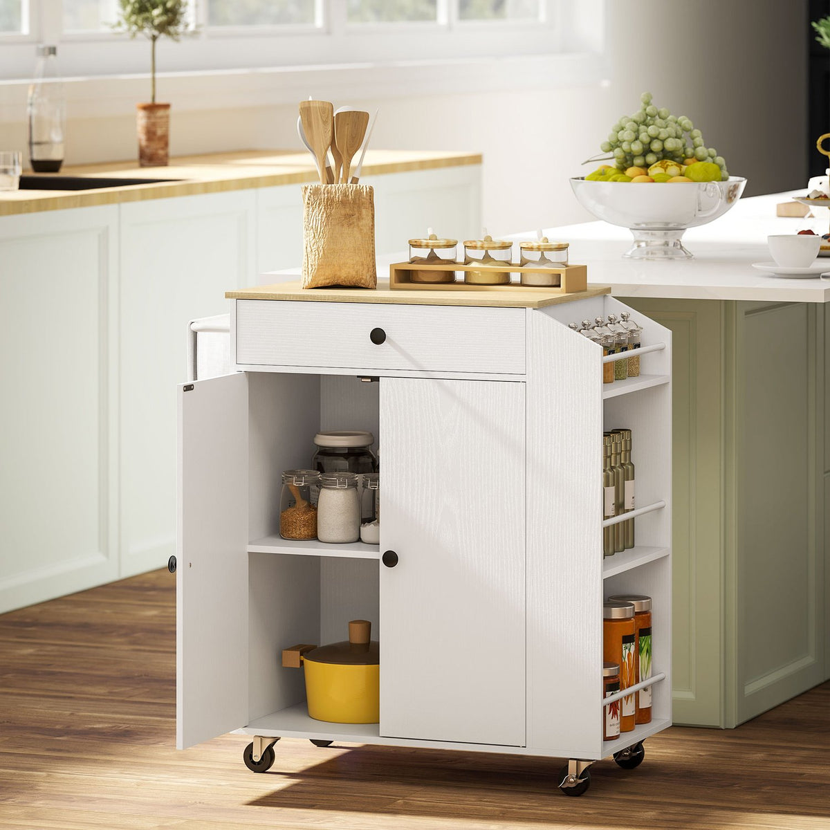 Kitchen island kitchen trolley on wheels with worktop, drawer, kitchen cabinet rollable with shelf, spice rack, towel rail, serving trolley kitchen trolley white