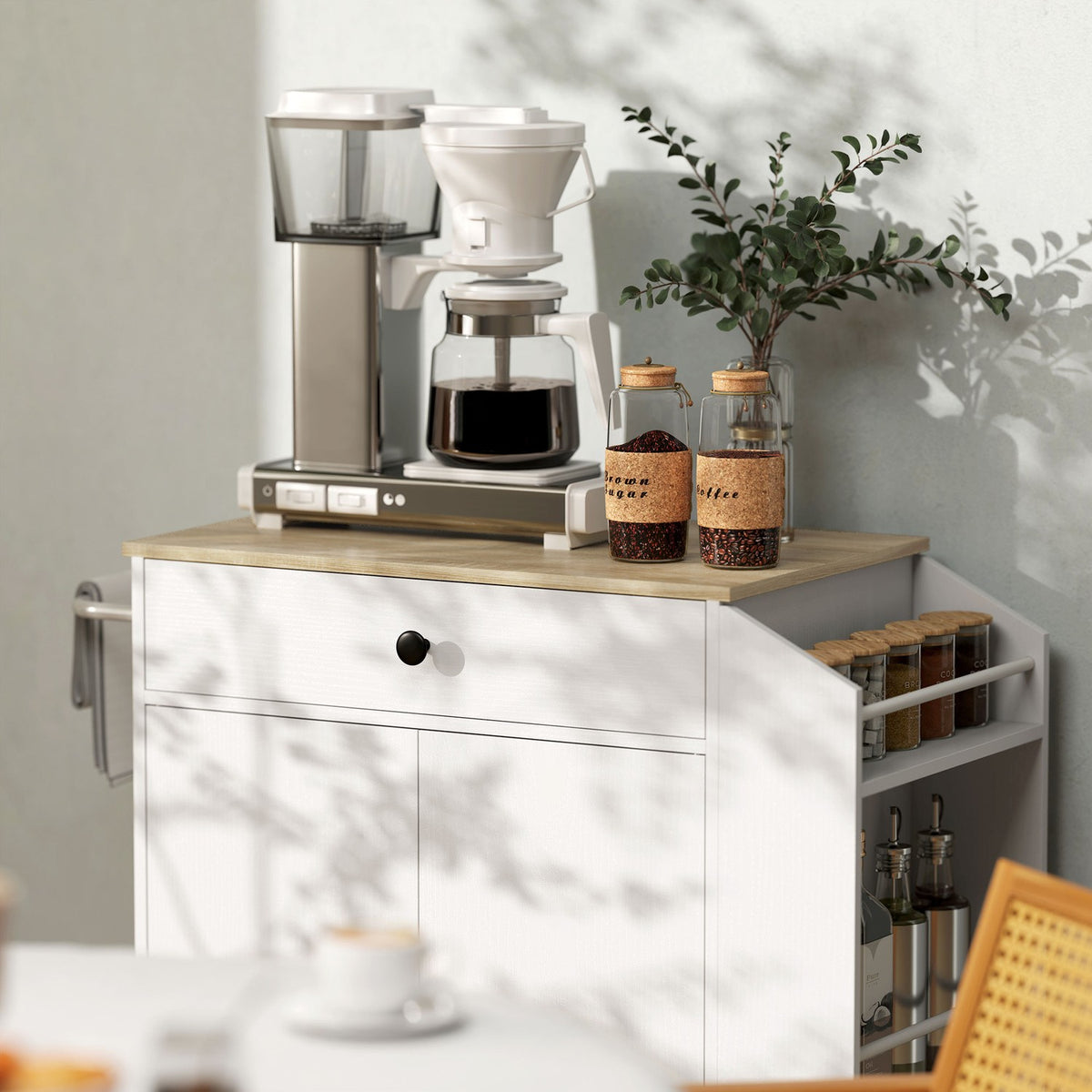 Kitchen island kitchen trolley on wheels with worktop, drawer, kitchen cabinet rollable with shelf, spice rack, towel rail, serving trolley kitchen trolley white