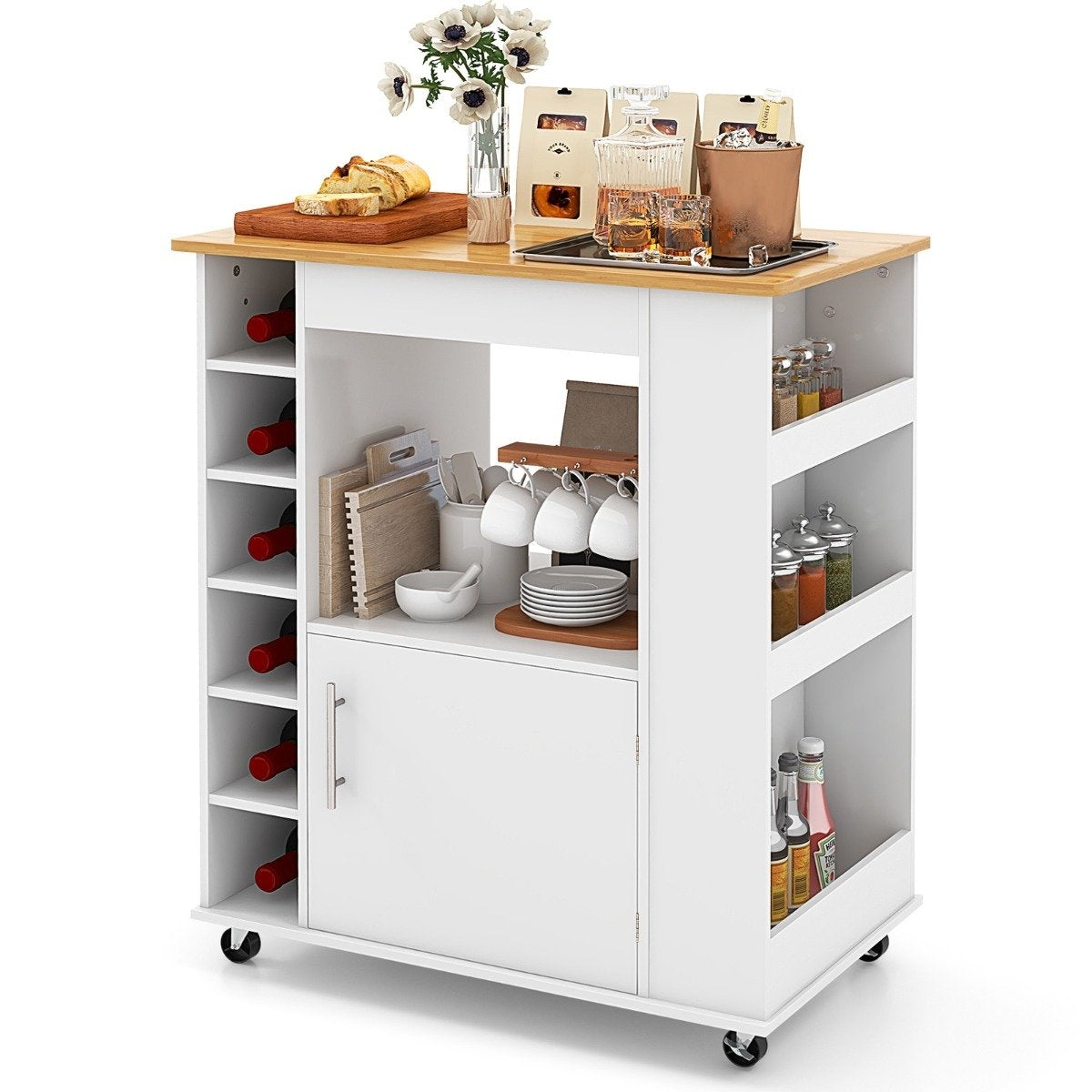Kitchen island with storage space & towel holder bamboo plate wine rack white