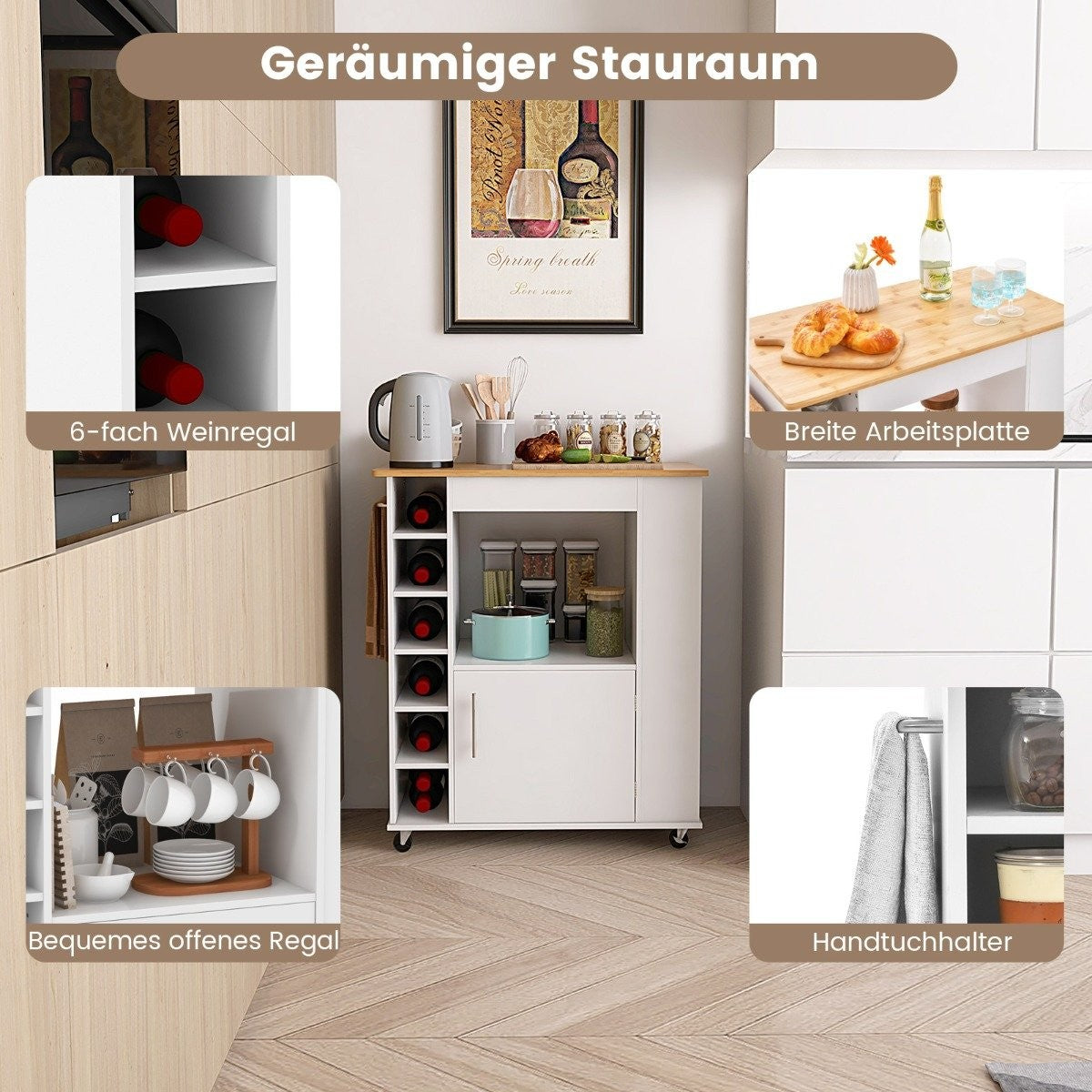 Kitchen island with storage space & towel holder bamboo plate wine rack white