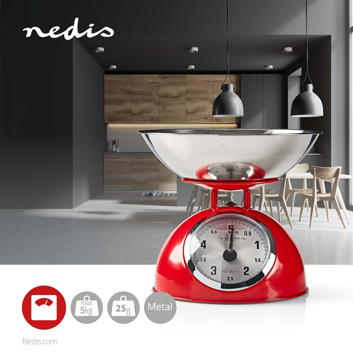 Kitchen scale | Analog | Stainless steel | Removable bowl | RED