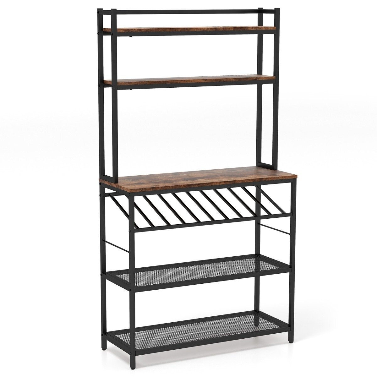 Kitchen shelf with wine holder up to 10 bottles & worktop & 5 shelves baker rack brown