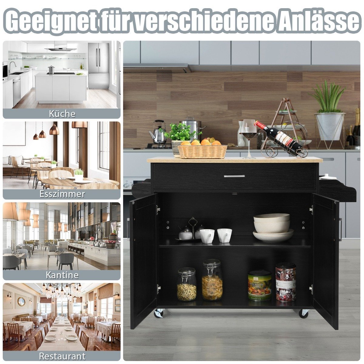 Kitchen trolley kitchen island with drawer and height-adjustable shelf 116 x 40 x 85 cm black + natural