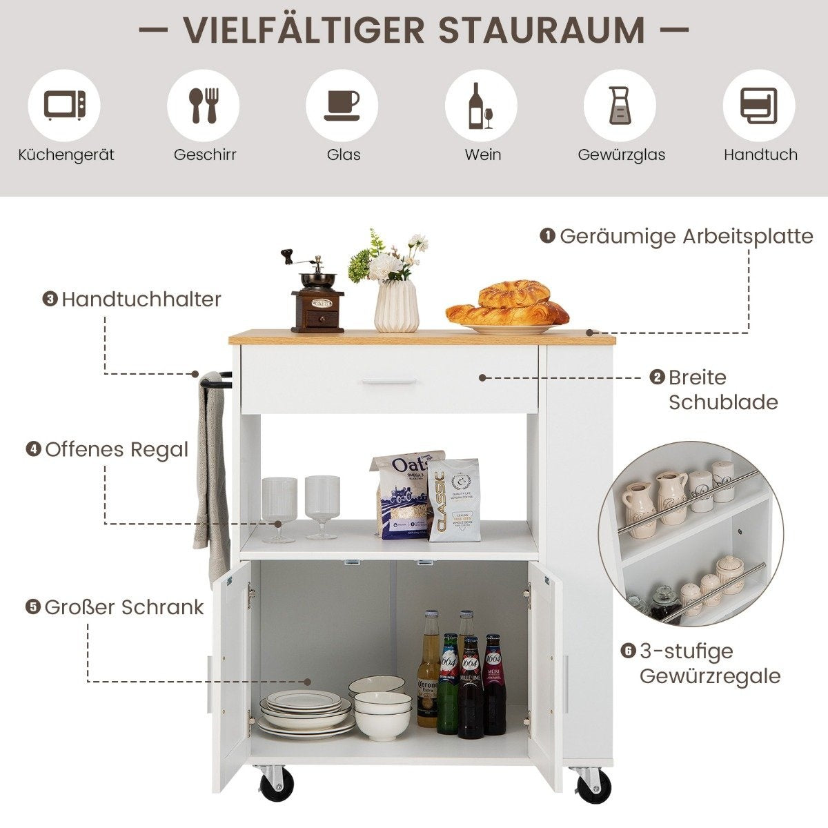 Kitchen trolley rolling serving cart with 3 spice racks 82 x 46 x 92 cm white