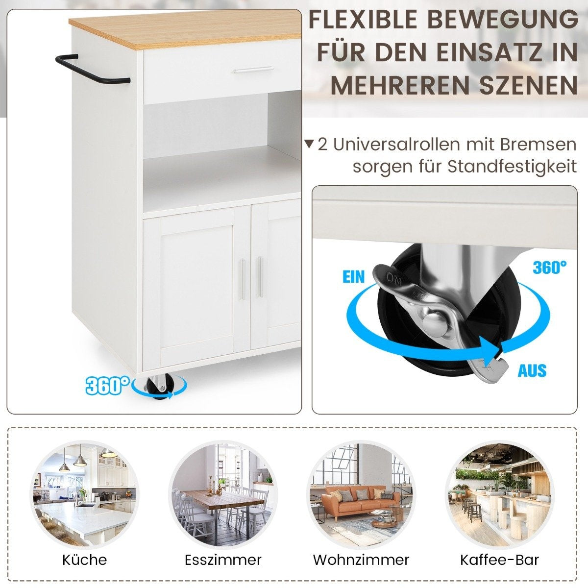 Kitchen trolley rolling serving cart with 3 spice racks 82 x 46 x 92 cm white