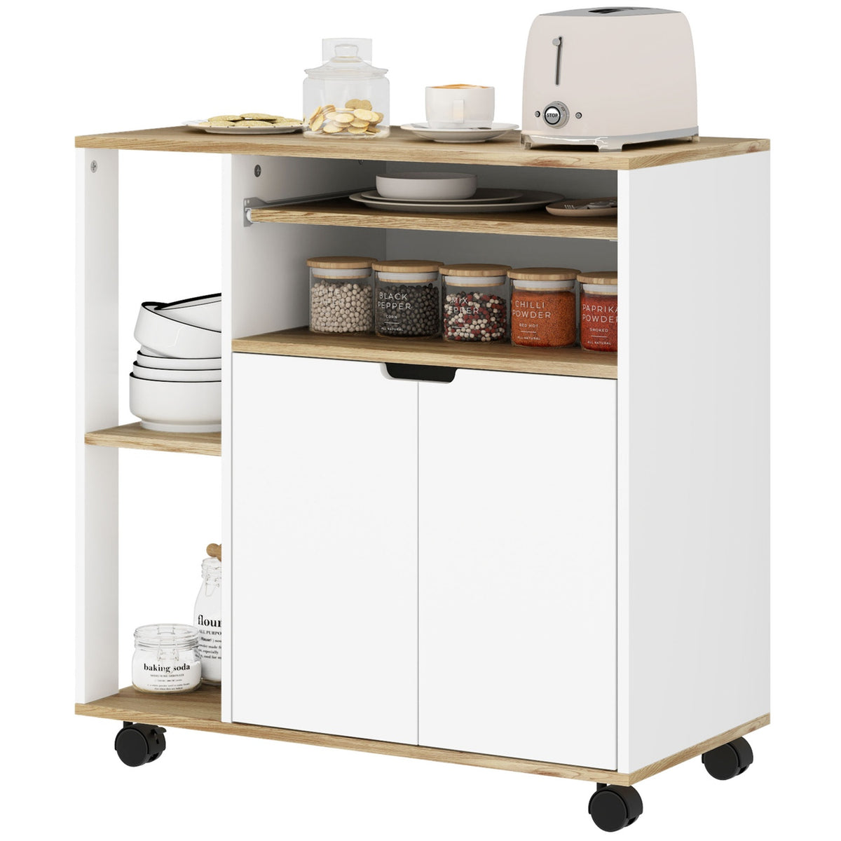 Kitchen trolley serving trolley with cupboard, sliding and adjustable shelves, trolley with worktop, wheels for dining room, 80 x 40 x 82 cm, white