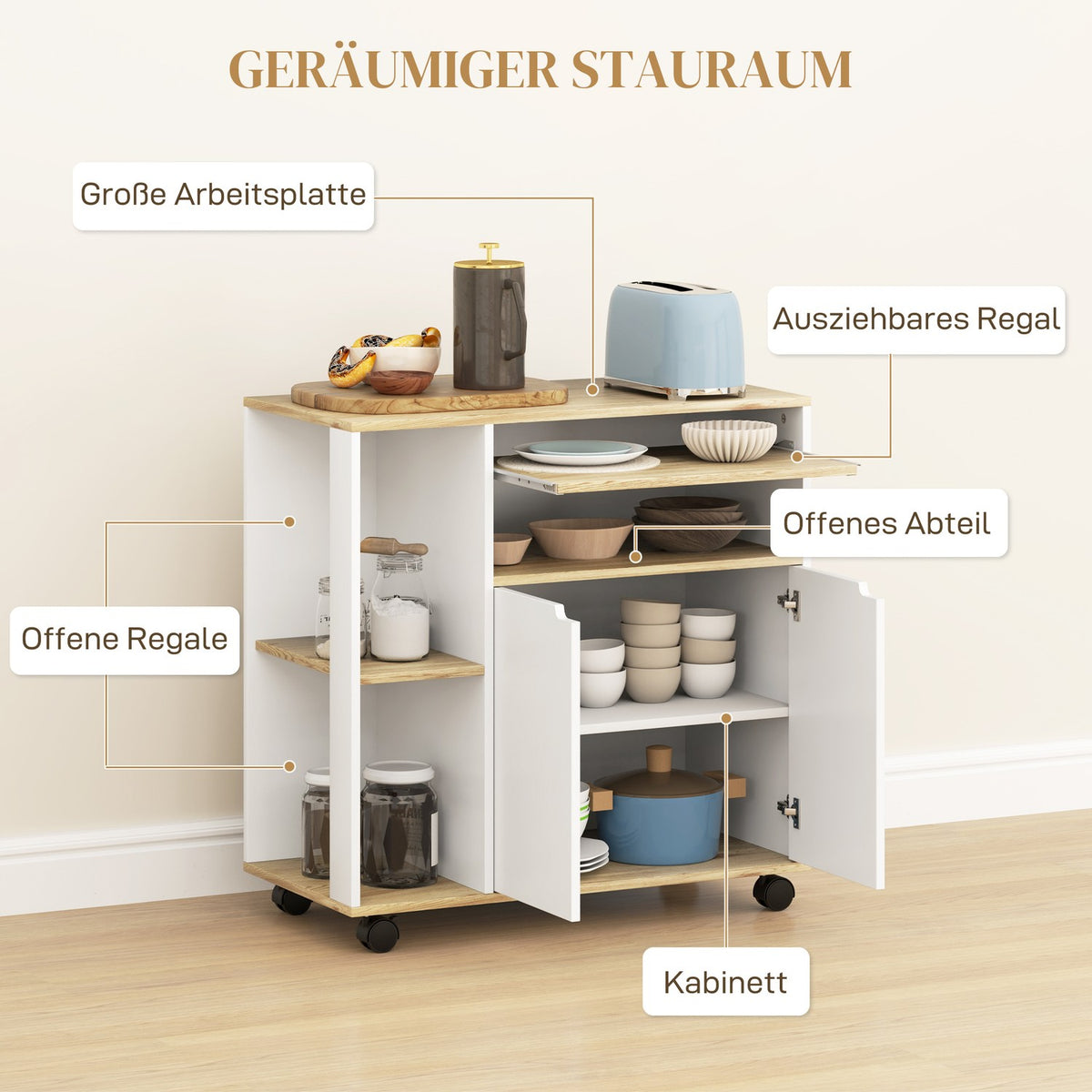 Kitchen trolley serving trolley with cupboard, sliding and adjustable shelves, trolley with worktop, wheels for dining room, 80 x 40 x 82 cm, white