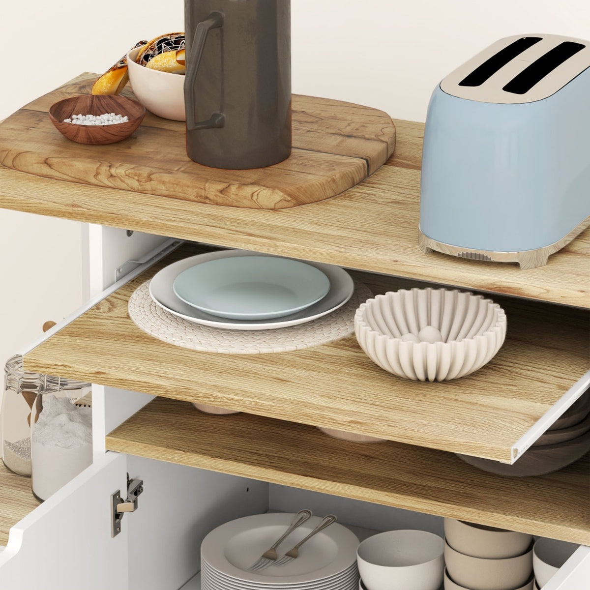 Kitchen trolley serving trolley with cupboard, sliding and adjustable shelves, trolley with worktop, wheels for dining room, 80 x 40 x 82 cm, white