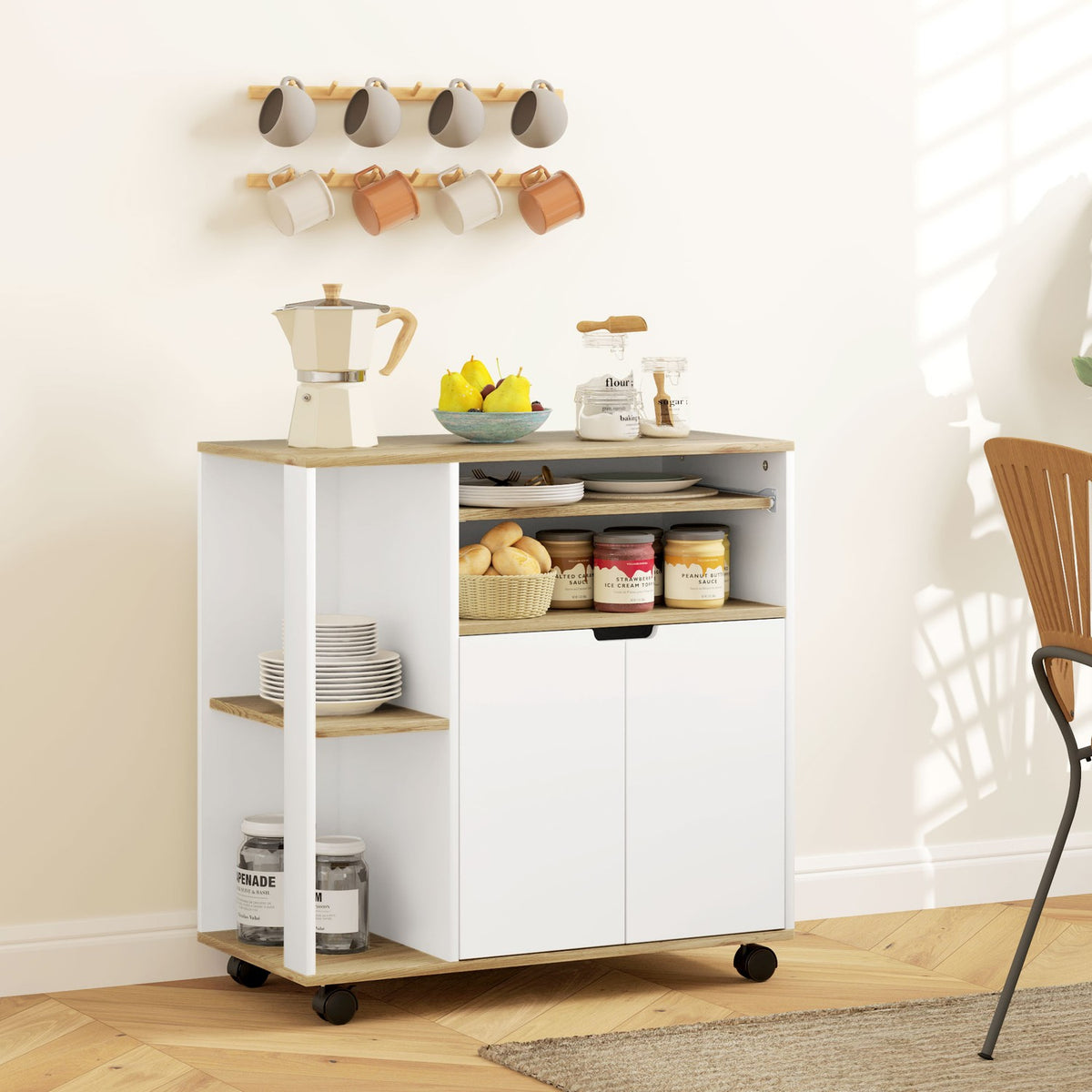 Kitchen trolley serving trolley with cupboard, sliding and adjustable shelves, trolley with worktop, wheels for dining room, 80 x 40 x 82 cm, white