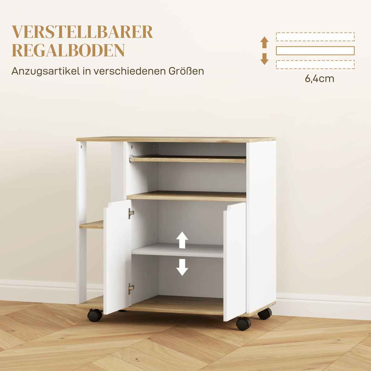 Kitchen trolley serving trolley with cupboard, sliding and adjustable shelves, trolley with worktop, wheels for dining room, 80 x 40 x 82 cm, white