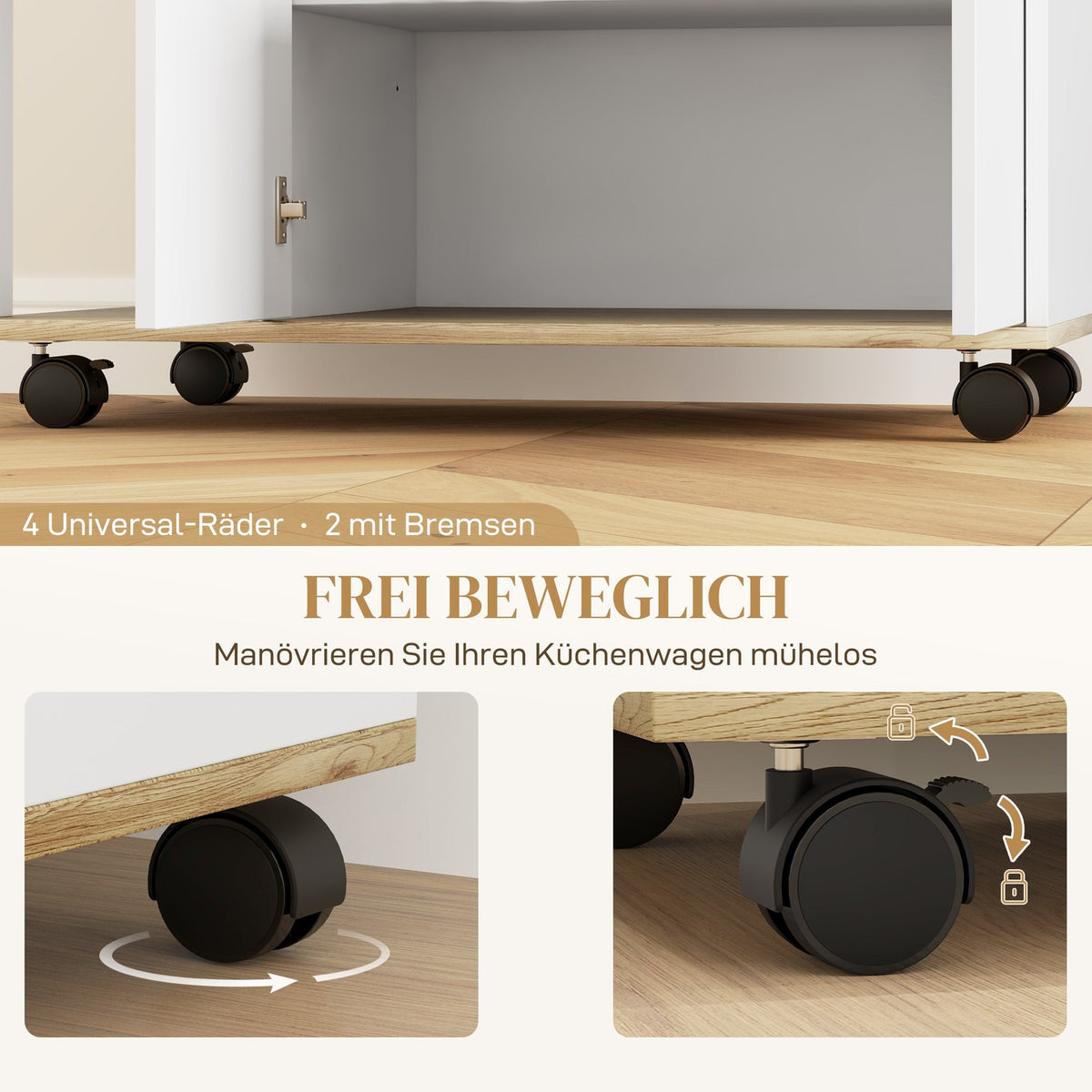 Kitchen trolley serving trolley with cupboard, sliding and adjustable shelves, trolley with worktop, wheels for dining room, 80 x 40 x 82 cm, white