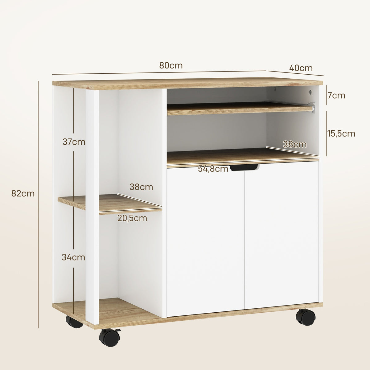 Kitchen trolley serving trolley with cupboard, sliding and adjustable shelves, trolley with worktop, wheels for dining room, 80 x 40 x 82 cm, white