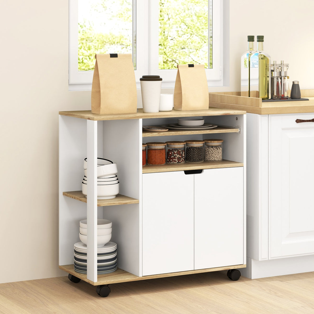 Kitchen trolley serving trolley with cupboard, sliding and adjustable shelves, trolley with worktop, wheels for dining room, 80 x 40 x 82 cm, white