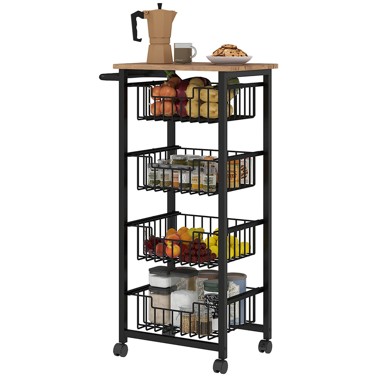 Kitchen trolley serving trolley with worktop, 4 extendable steel baskets, trolley for office, 49.5 x 31 x 91 cm, oak