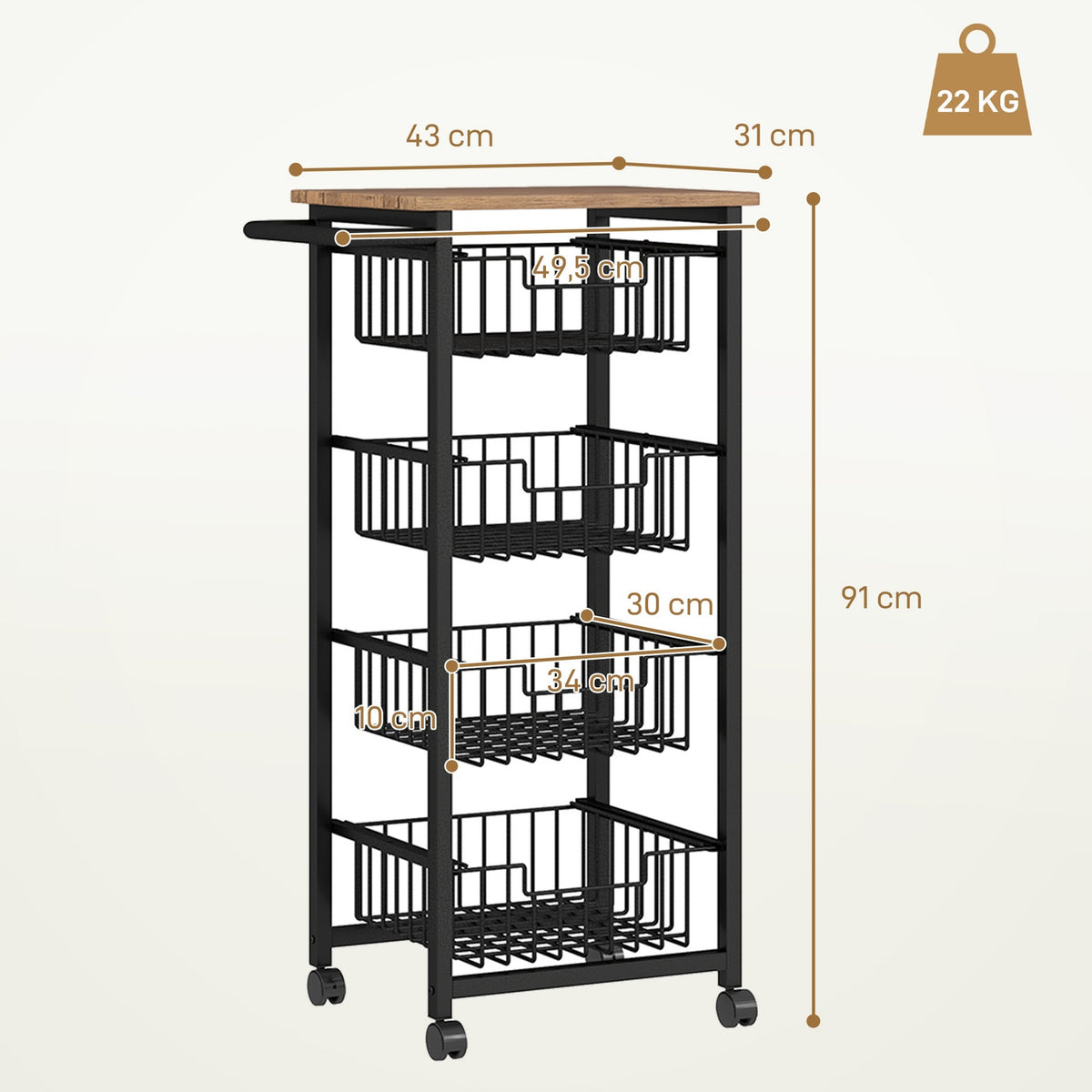 Kitchen trolley serving trolley with worktop, 4 extendable steel baskets, trolley for office, 49.5 x 31 x 91 cm, oak