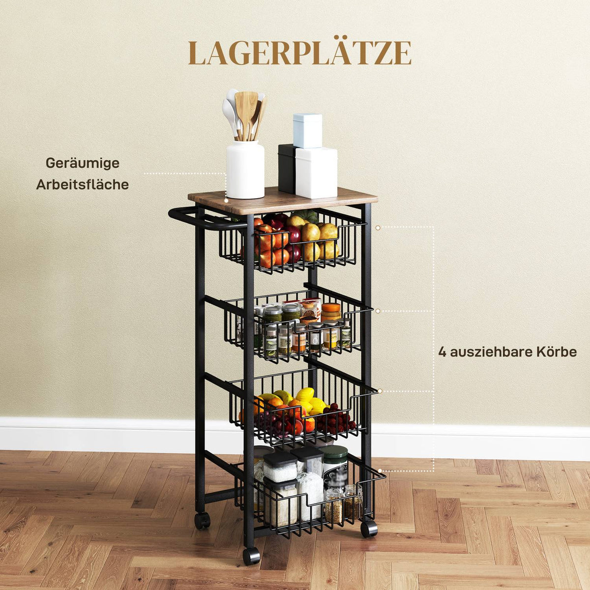 Kitchen trolley serving trolley with worktop, 4 extendable steel baskets, trolley for office, 49.5 x 31 x 91 cm, oak