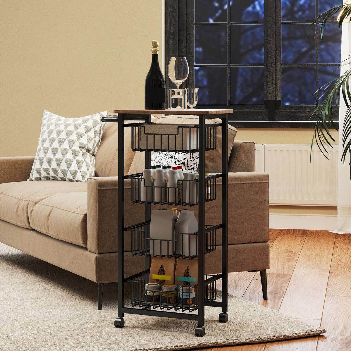 Kitchen trolley serving trolley with worktop, 4 extendable steel baskets, trolley for office, 49.5 x 31 x 91 cm, oak