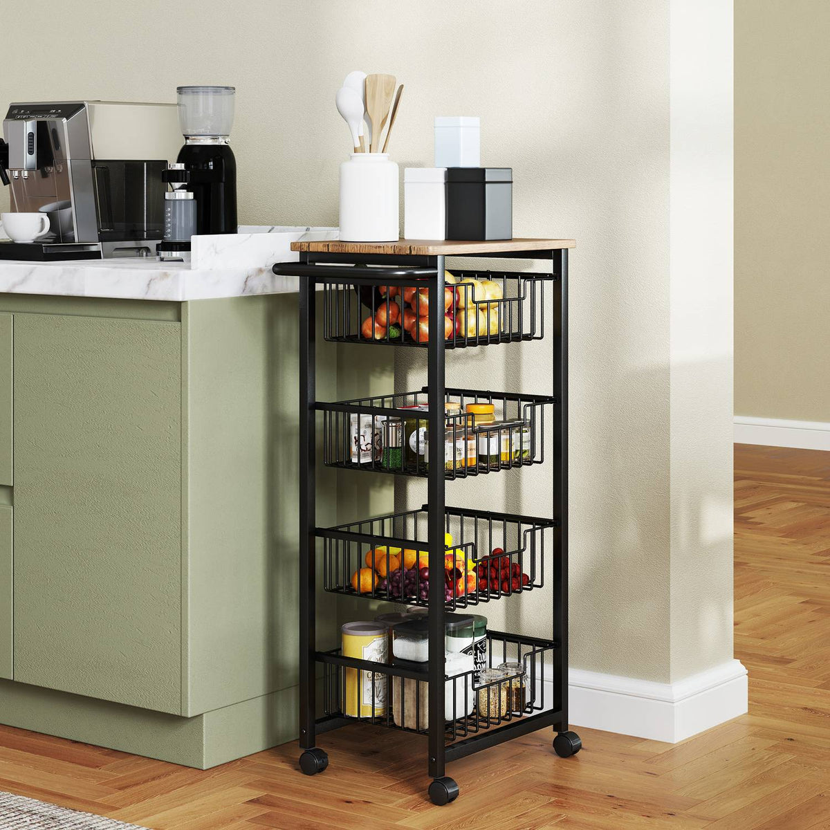 Kitchen trolley serving trolley with worktop, 4 extendable steel baskets, trolley for office, 49.5 x 31 x 91 cm, oak