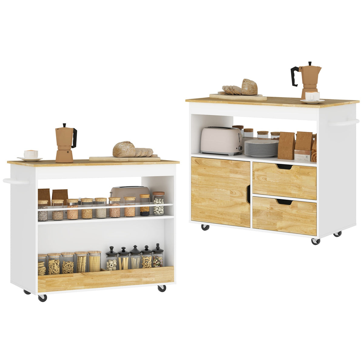 Kitchen trolley serving trolley with worktop, drawers, trolley with kitchen cabinet with soft close door, handle, kitchen island with open compartment for office, 107x50x85cm, oak