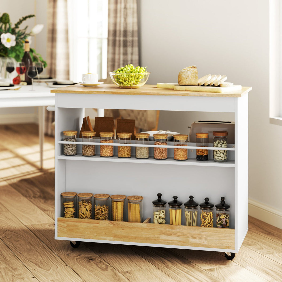 Kitchen trolley serving trolley with worktop, drawers, trolley with kitchen cabinet with soft close door, handle, kitchen island with open compartment for office, 107x50x85cm, oak