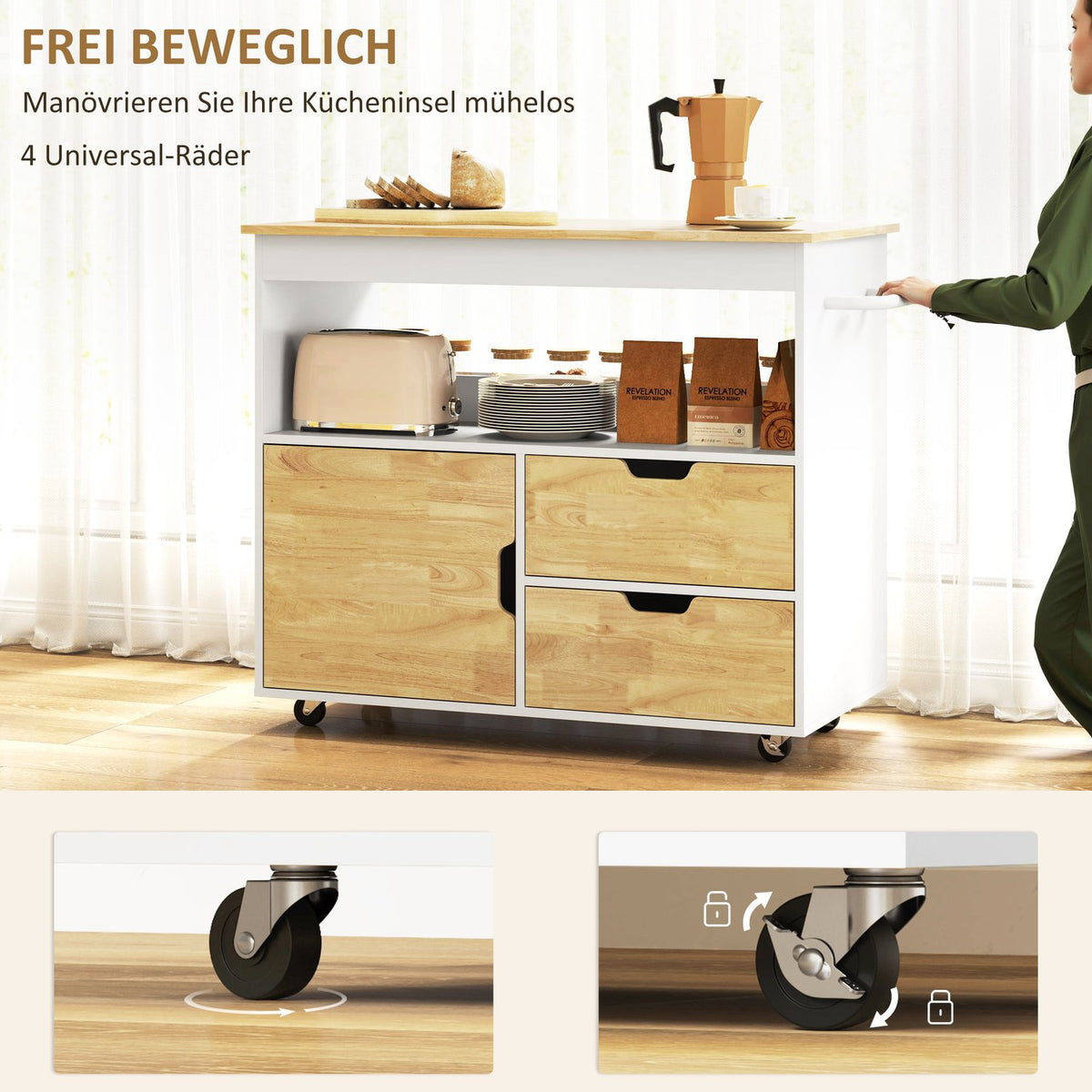 Kitchen trolley serving trolley with worktop, drawers, trolley with kitchen cabinet with soft close door, handle, kitchen island with open compartment for office, 107x50x85cm, oak