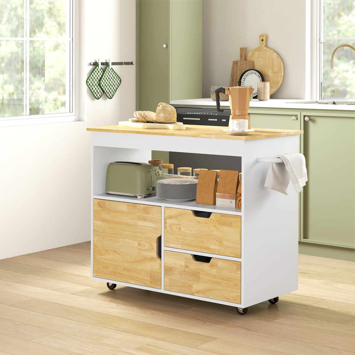Kitchen trolley serving trolley with worktop, drawers, trolley with kitchen cabinet with soft close door, handle, kitchen island with open compartment for office, 107x50x85cm, oak