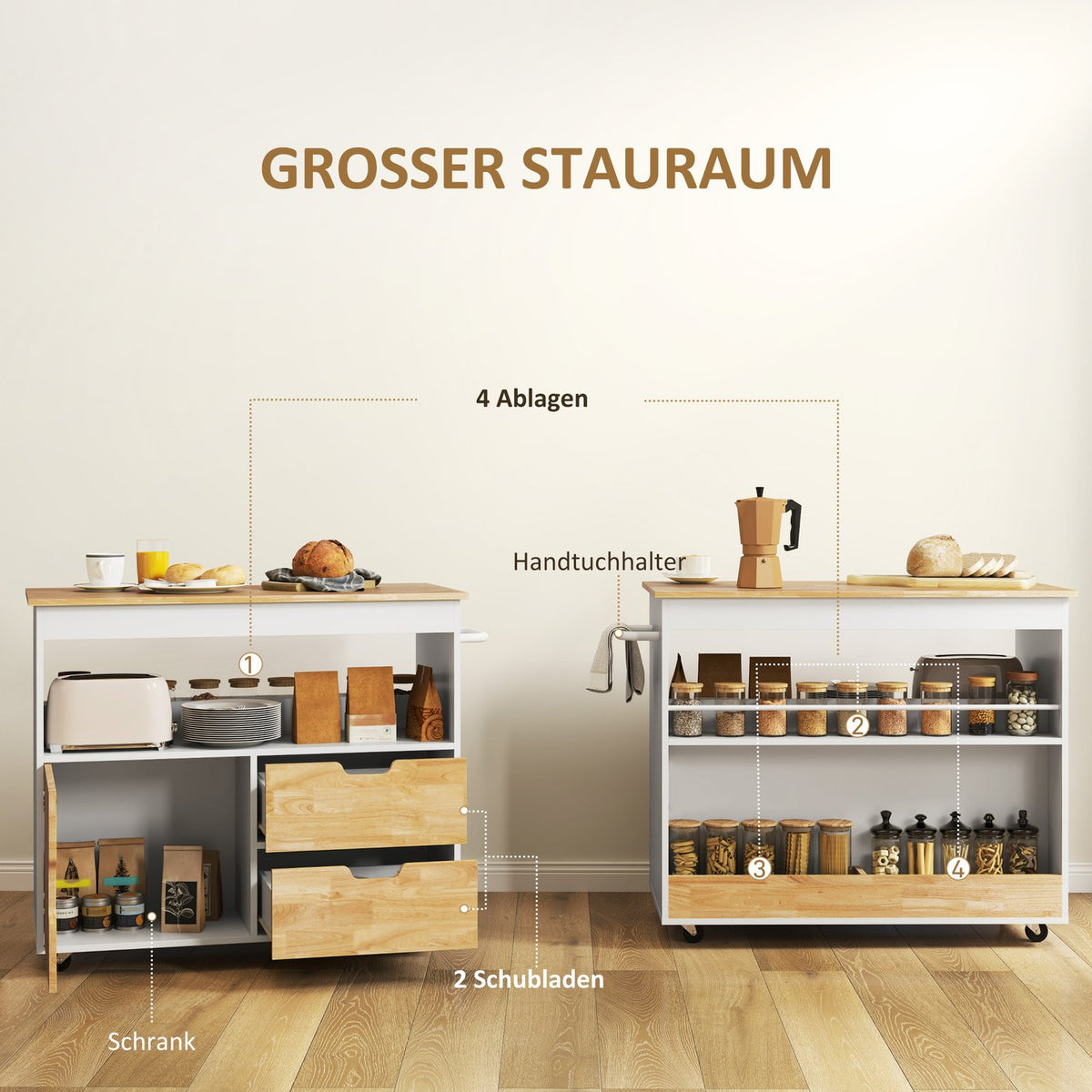 Kitchen trolley serving trolley with worktop, drawers, trolley with kitchen cabinet with soft close door, handle, kitchen island with open compartment for office, 107x50x85cm, oak