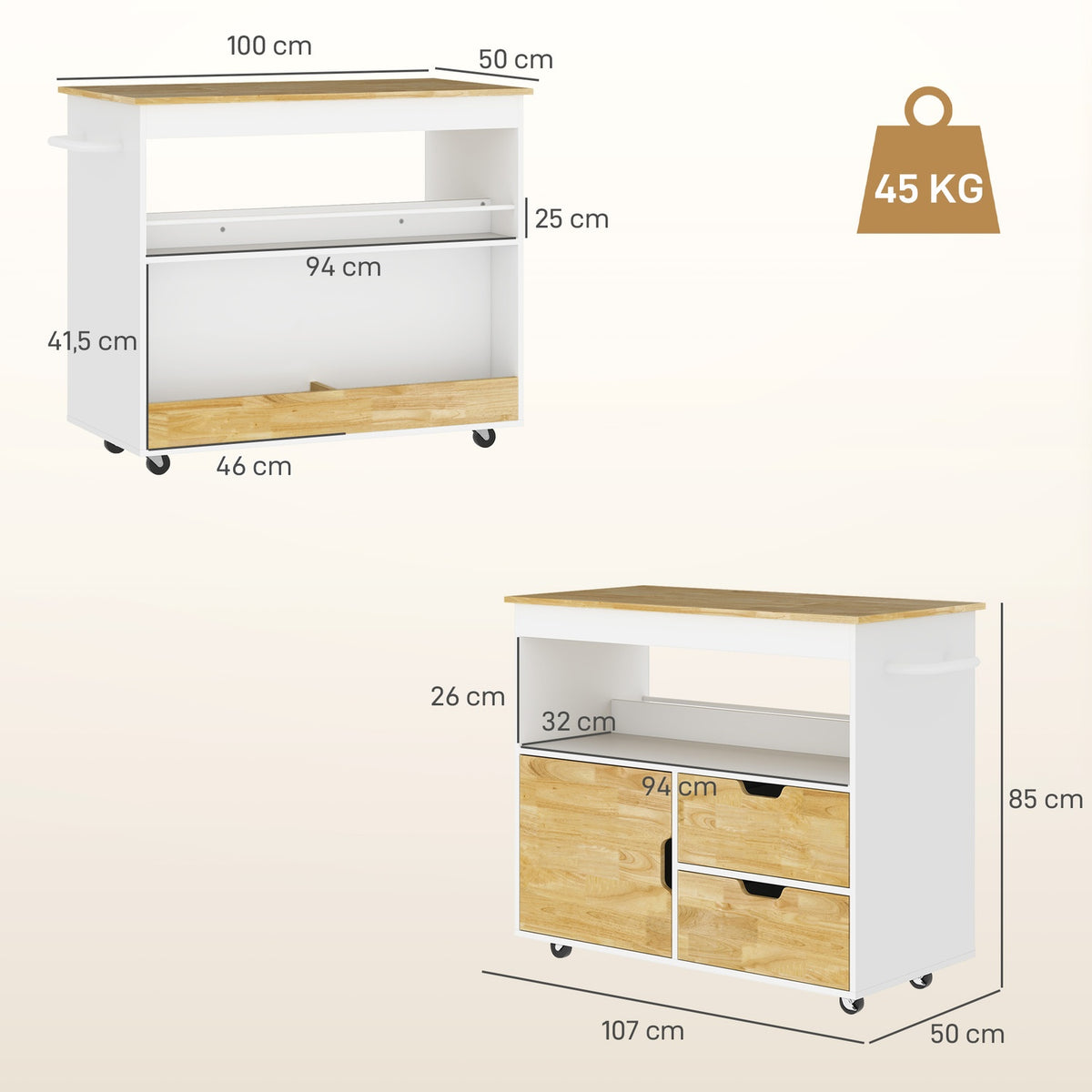 Kitchen trolley serving trolley with worktop, drawers, trolley with kitchen cabinet with soft close door, handle, kitchen island with open compartment for office, 107x50x85cm, oak