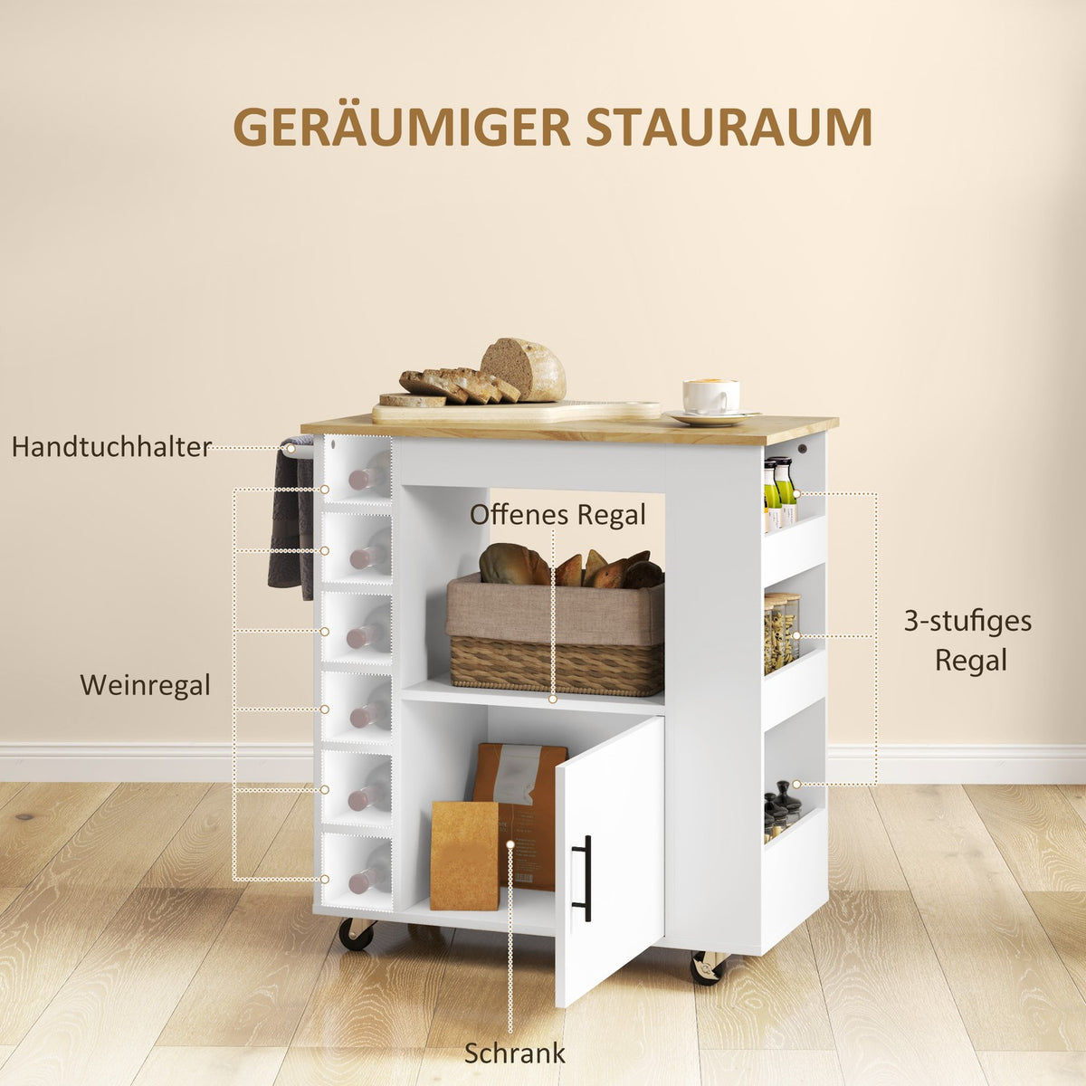Kitchen trolley serving trolley with worktop, shelves, wine racks, kitchen cabinet trolley with soft-close hinges, handle, kitchen island for office, 83x40x83cm, oak